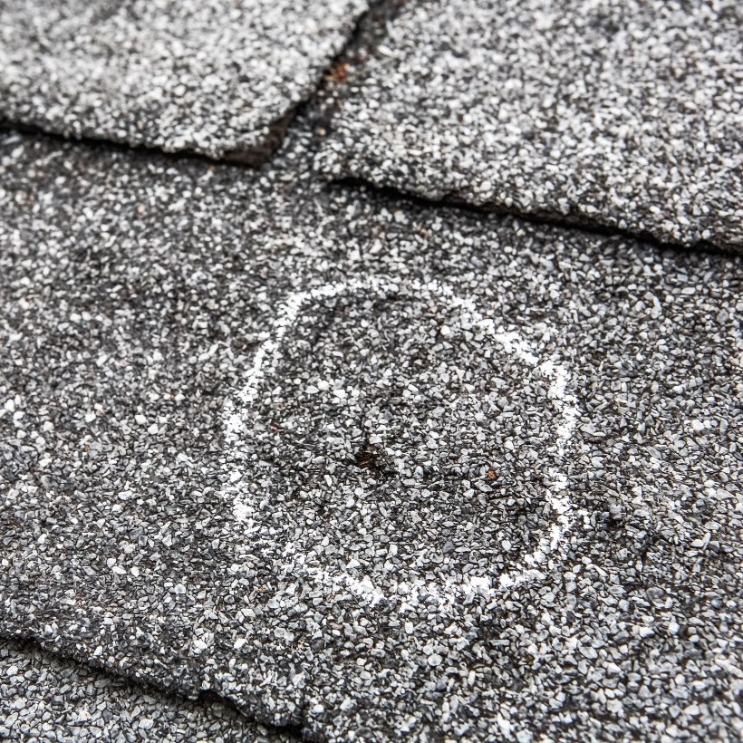 Circle white outline showing hail damage on asphalt shingles